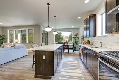 Kitchen with Wooden flooring and white granite