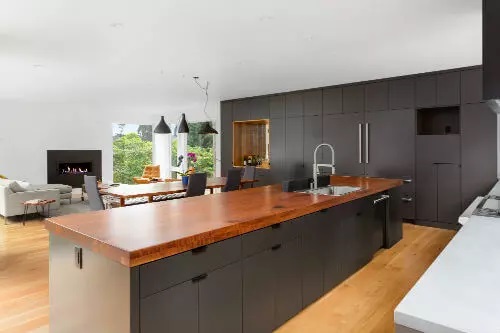 The modern brown and black finished kitchen at Durango, CO.