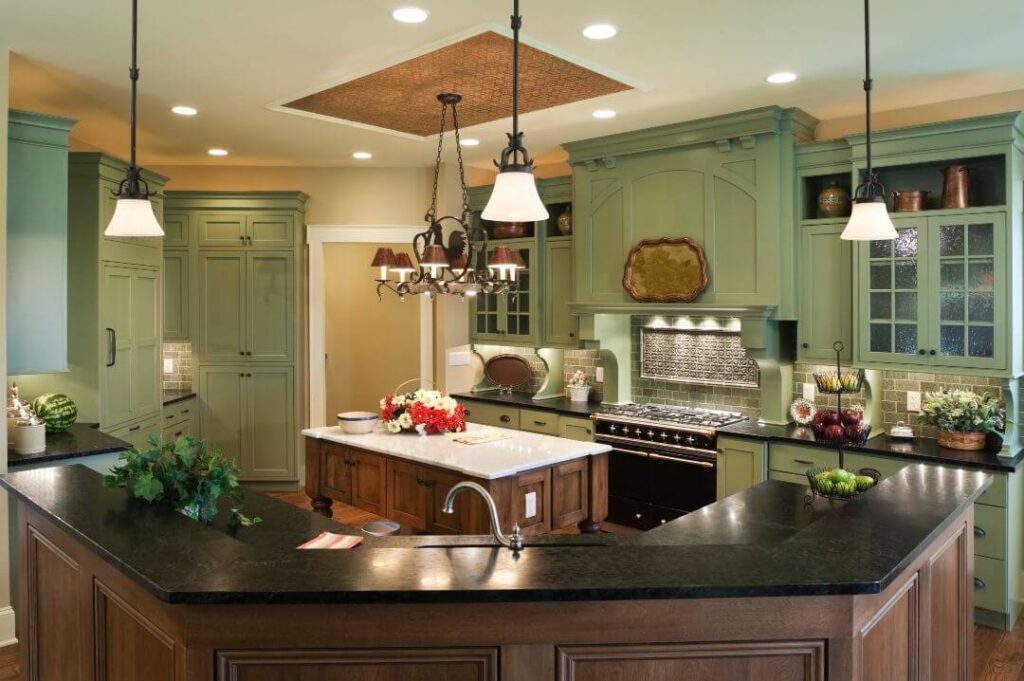 The luxury kitchen with Soapstone Countertops and lighting at Littleton, CO