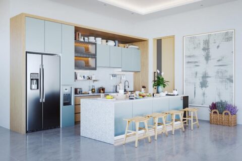 A kitchen with a bar and stool