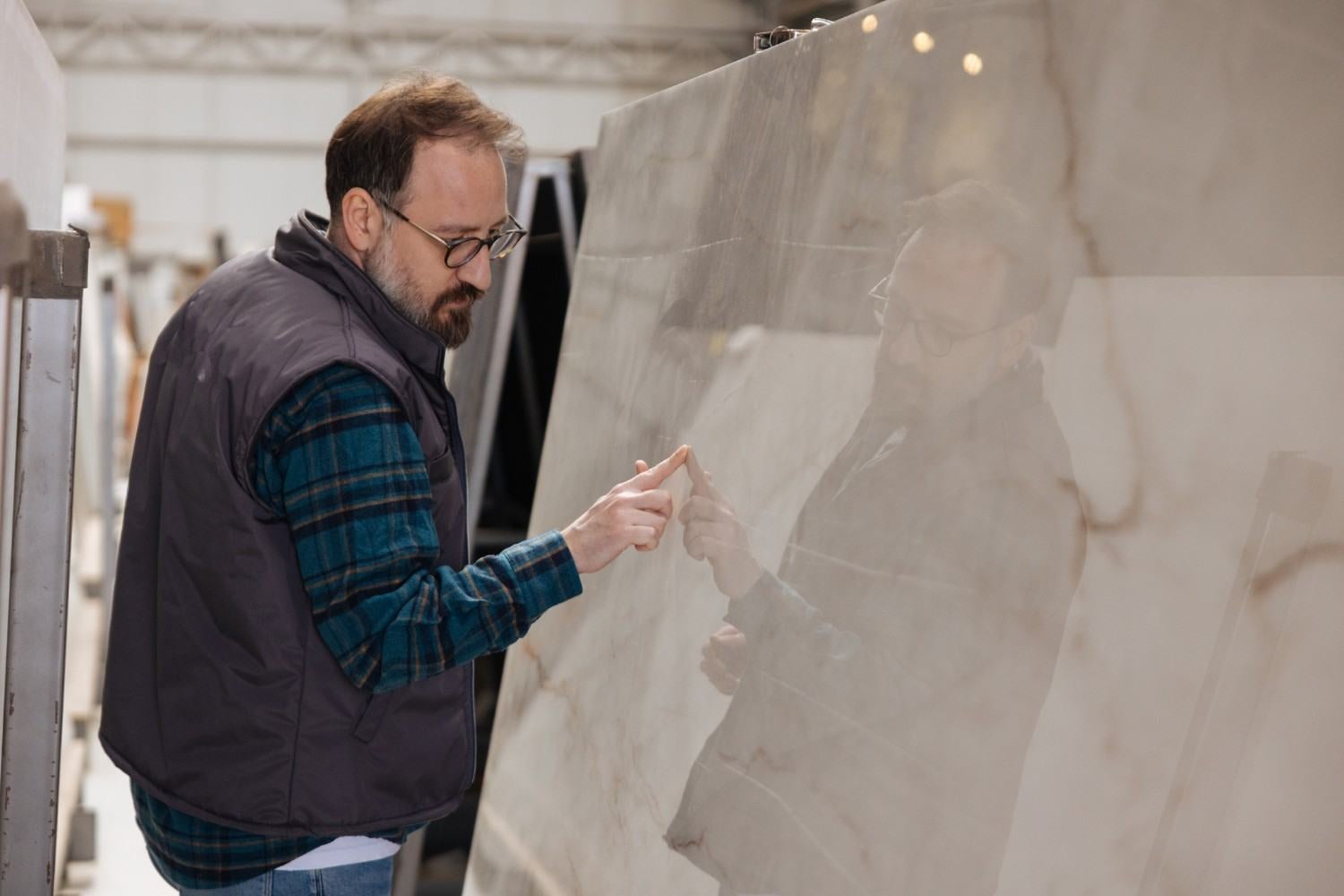Quartz slab quality inspection at countertop facility in Durango, CO